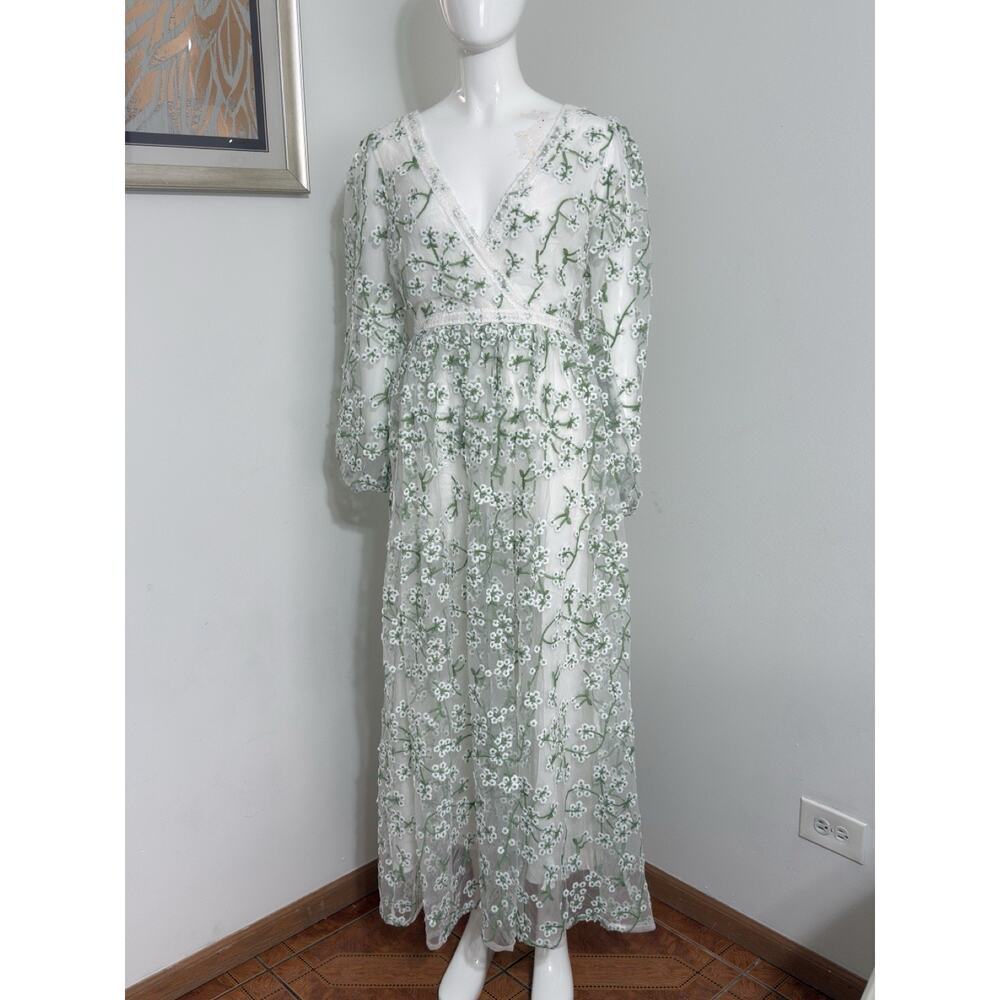 Ever After Floral Embroidered Maxi Dress Cottagecore Wedding Guest Long Sleeve S - Picture 2 of 16